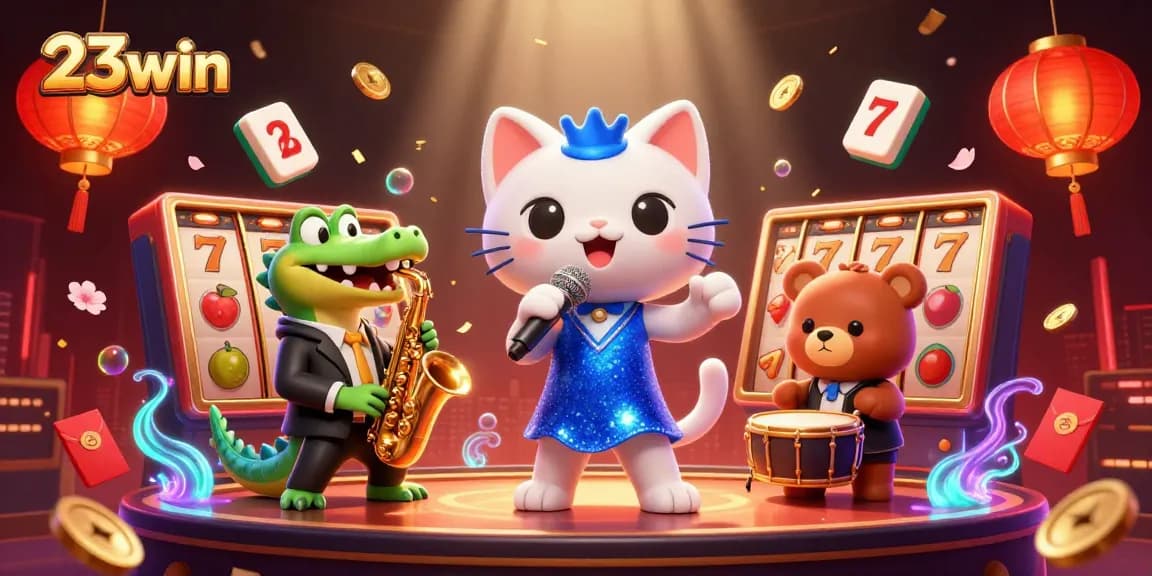 Engage with 23win's vibrant casino scene featuring a jazz-singing cat and lively characters.