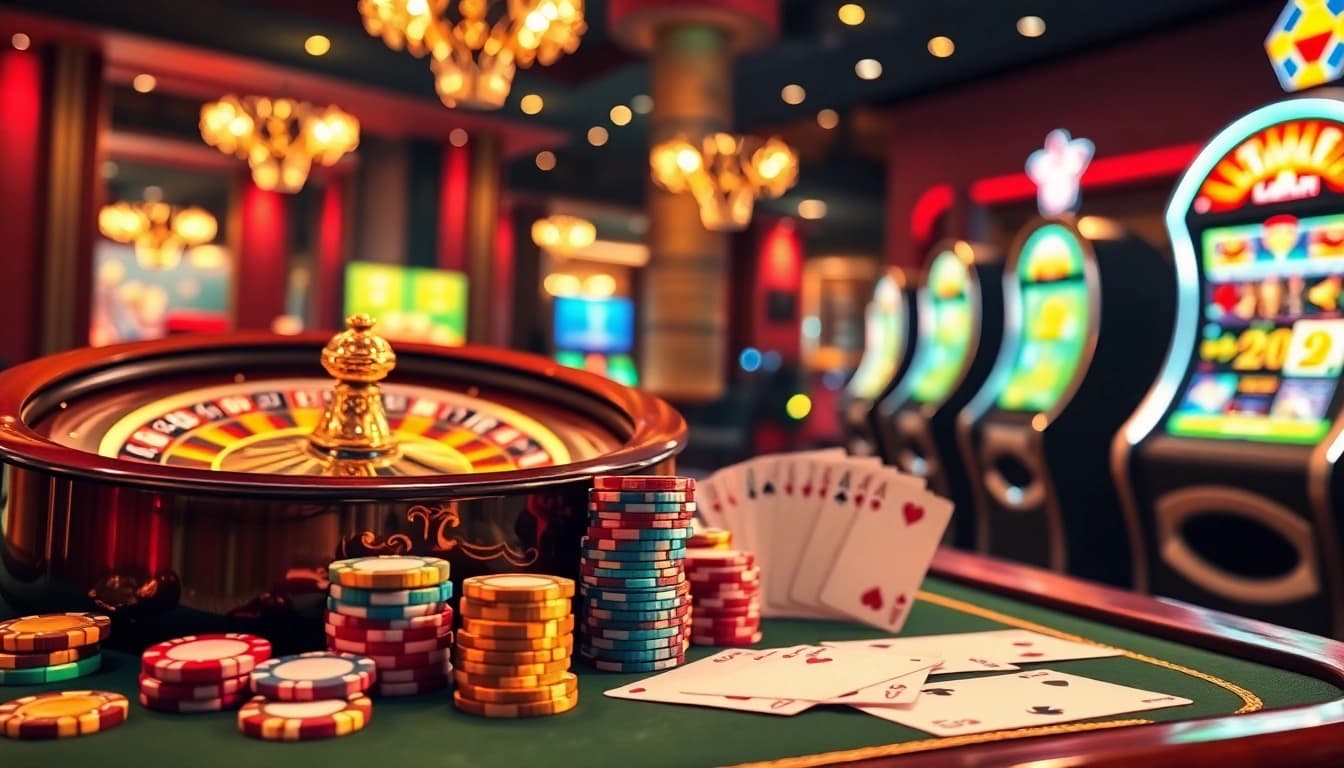 Interagissez avec une scène de casino en ligne époustouflante mettant en avant un site de casino en ligne avec roulette et jeux de table vibrants.