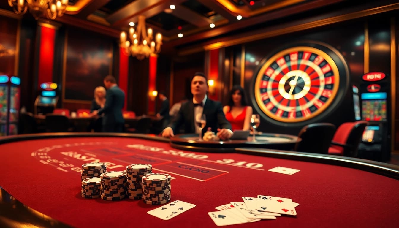 Atmosphère de casino excitante représentant le blackjack et la roulette sur un site de casino en ligne.