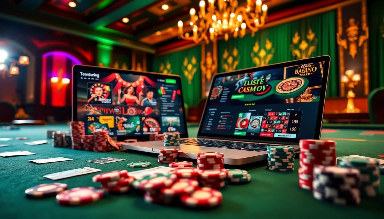 Découvrez l'excitation vibrante des meilleurs casino en ligne avec une scène de casino colorée mettant en avant des jetons de poker et une interface en ligne dynamique.