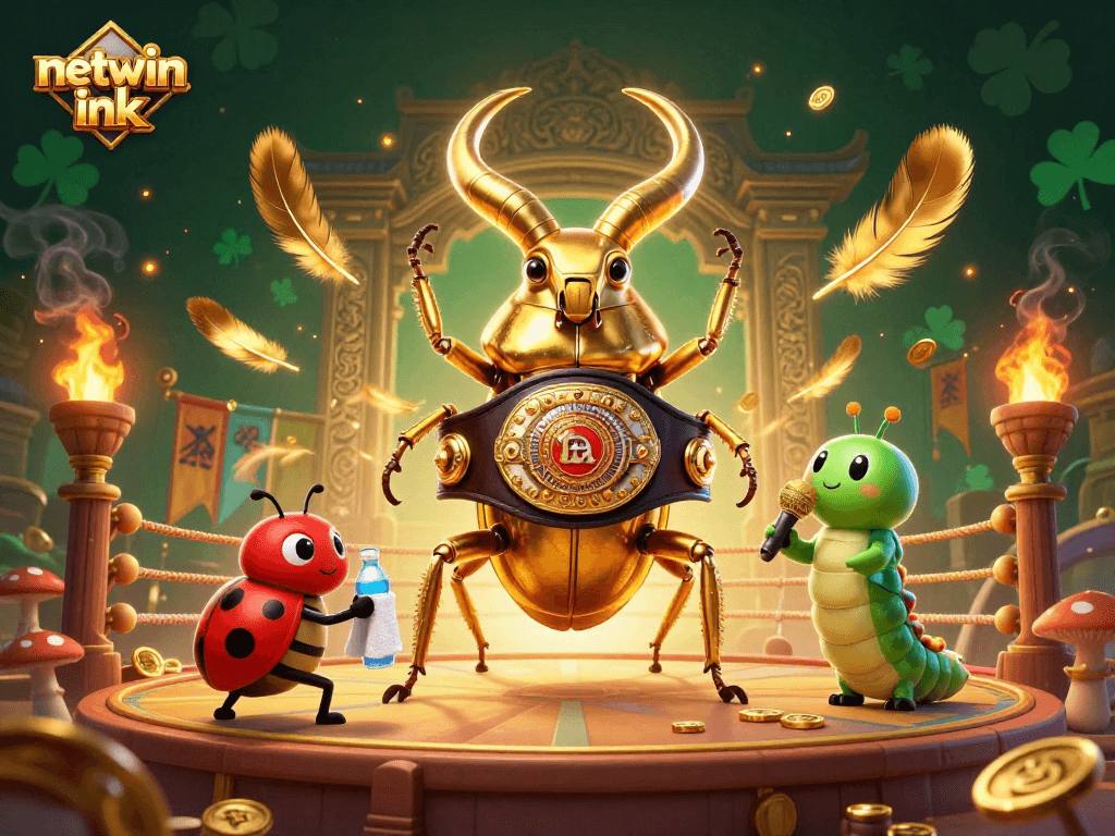 Experience thrilling gaming action with netwin ink as the golden stag beetle battles on a vibrant casino stage.
