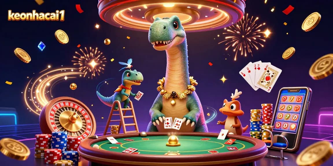 Engage with the dynamic keonhacai1 scene showcasing a playful dinosaur casino setting.