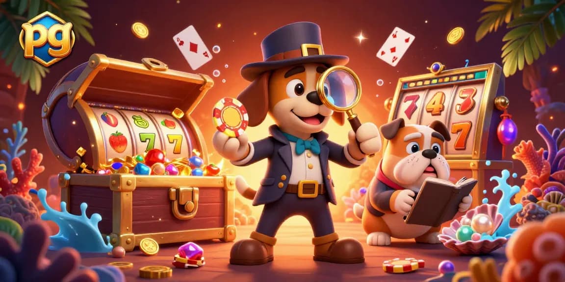 Engage in thrilling pg slot experiences with characters examining clues amidst golden poker chips.