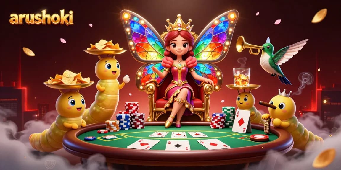 Visualisasikan aksi permainan poker di ARUSHOKI dengan ratu kupu-kupu dan karakter menarik lainnya.