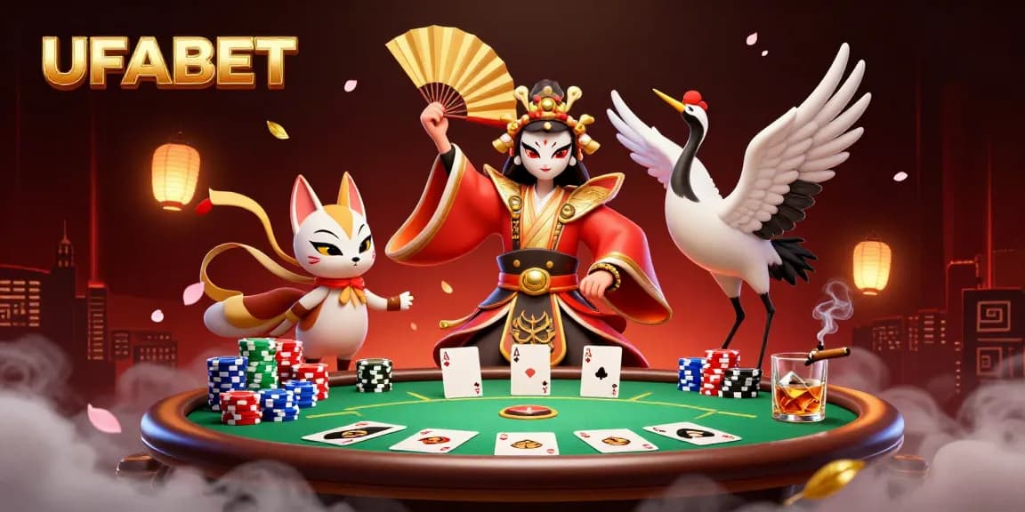 Experience the thrill of UFABET gaming with a vibrant 3D scene showcasing poker action and unique characters.