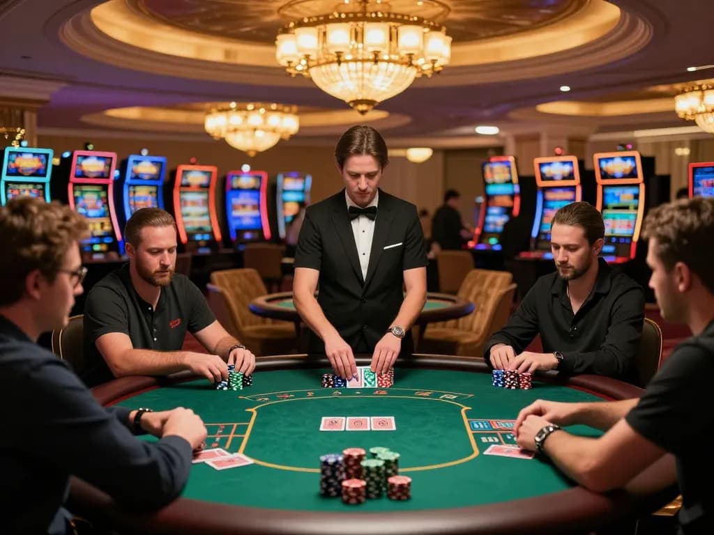 Players wagering at an exciting poker table in an upscale casino atmosphere at 888top.