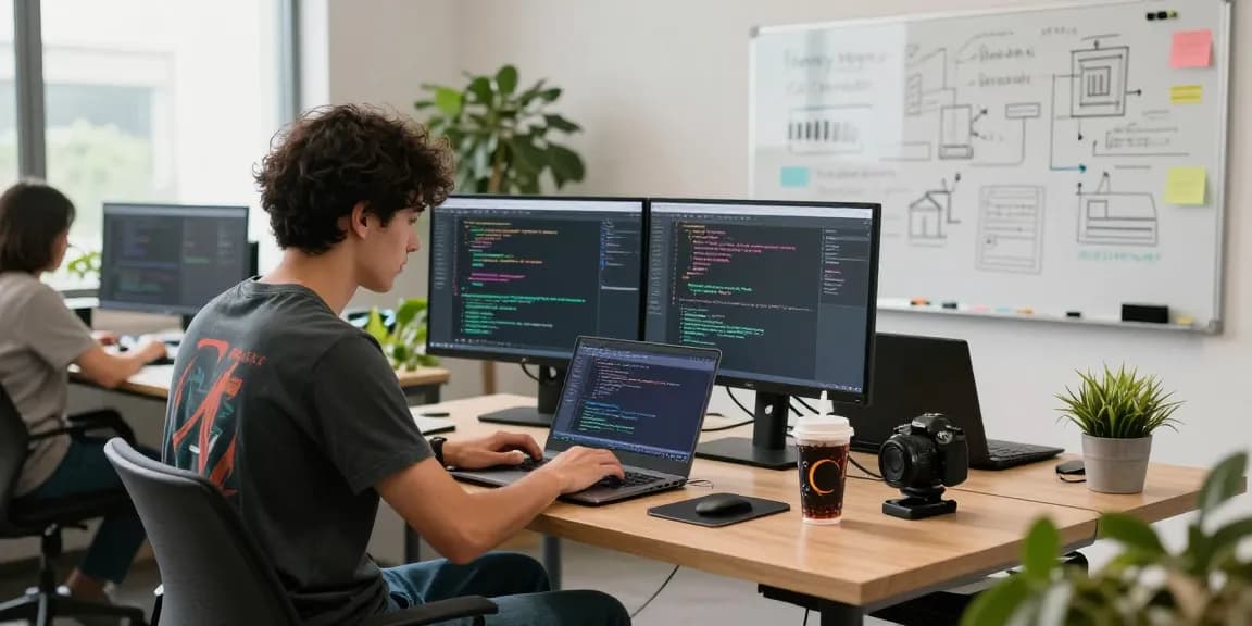 Developer coding in vibrant startup office environment, featuring cika4d tools and colorful monitors.