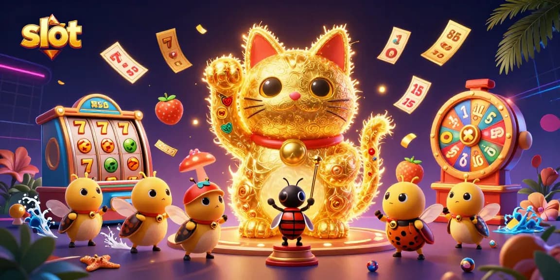 Experience slot gaming magic with a golden lucky cat and vibrant casino symbols in a 3D illustration.
