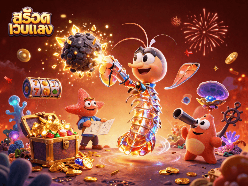 Engage with สล็อตเว็บตรง as the galactic samurai mantis shrimp unleashes treasure in a vivid casino scene.