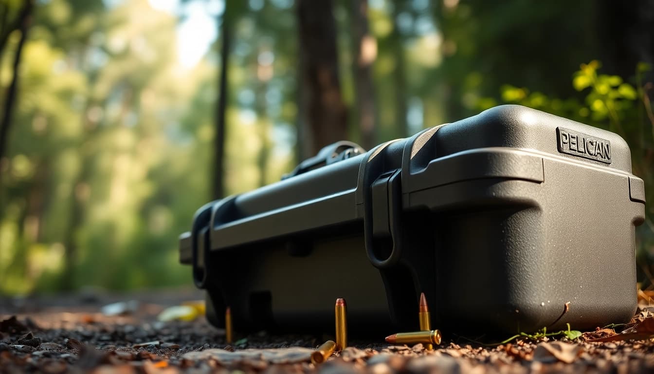 Securely holding a pelican rifle case in a rugged outdoor setting with nature's backdrop.