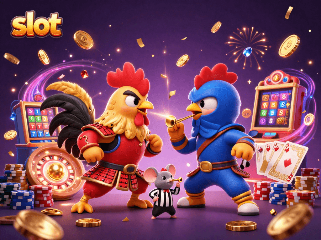 Slot online gacor menampilkan ayam petarung dalam pertarungan dramatis dengan elemen permainan kasino.