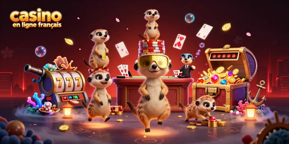 Jouez à casino en ligne français avec des meerkats animés gérant un casino extravagant dans un décor coloré.