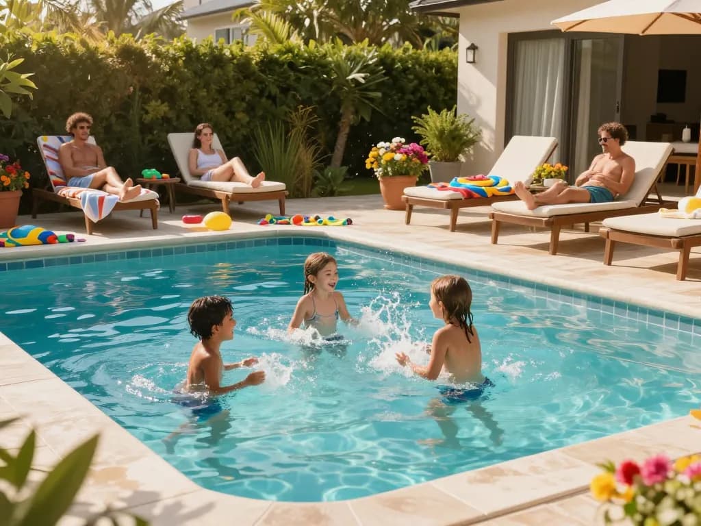 Dolphin Pool Services family enjoying quality time by the pool with vibrant summer colors.
