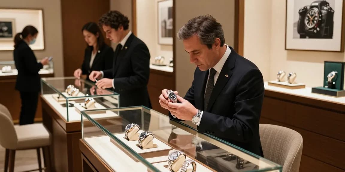 Examine a Rolex replica watch in a luxurious boutique setting.