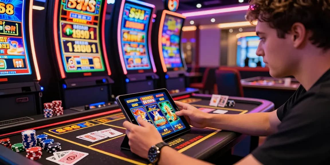 Excited player enjoying slot88 online gaming experience in vibrant gaming room, showcasing colorful game designs and thrilling atmosphere.