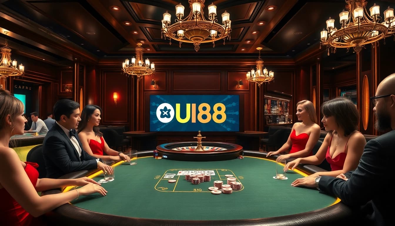 Experience the thrill of UU88 with vibrant casino games and glamorous players at a poker table.