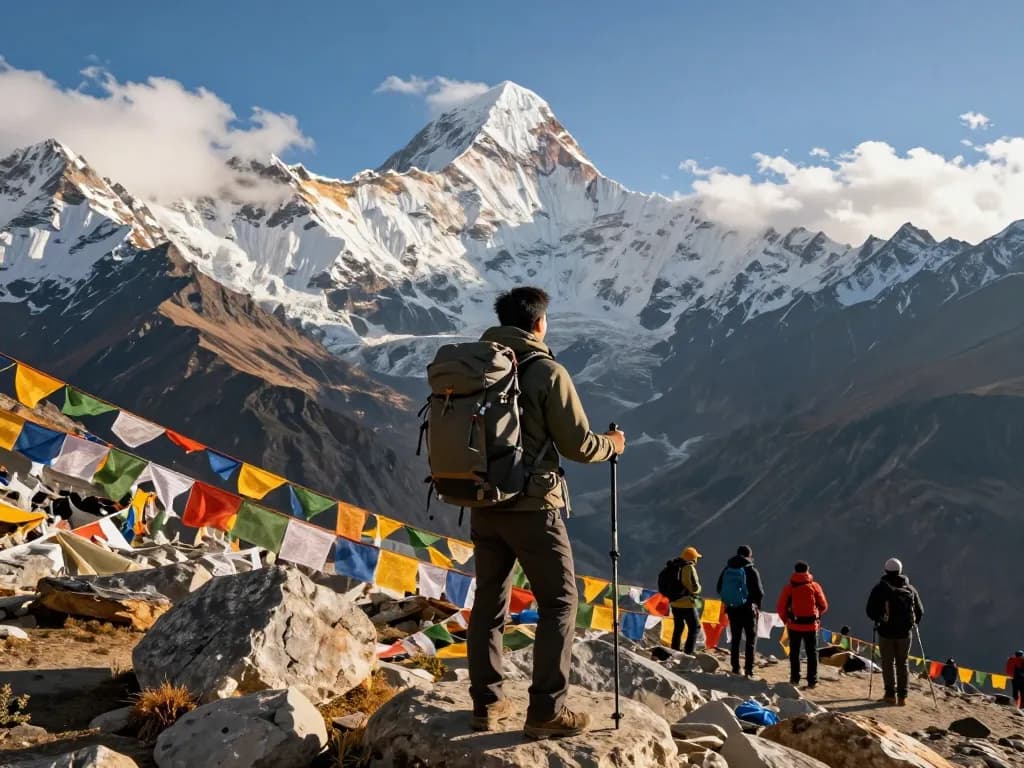 Annapurna Circuit Trek at Thorong La Pass with stunning mountain views and trekking gear.