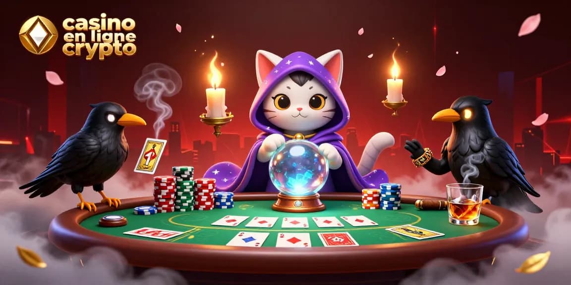 Illustration captivante de casino en ligne crypto avec un chat mystique et un corbeau, entourés de jetons et cartes.
