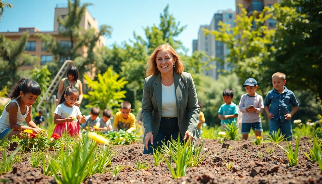 Philanthropist actively engaging with community children in a vibrant urban garden.