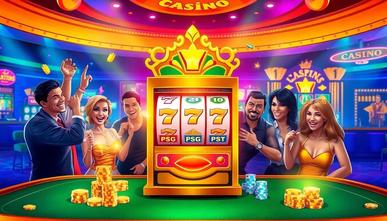 Players celebrating a big win at a pg slot machine in a luxurious casino environment.