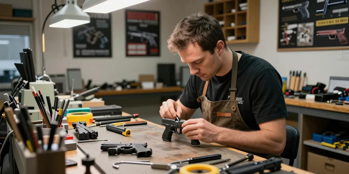Custom Glock slide installation at https://precisionglockslides.com workshop showcasing expert craftsmanship.