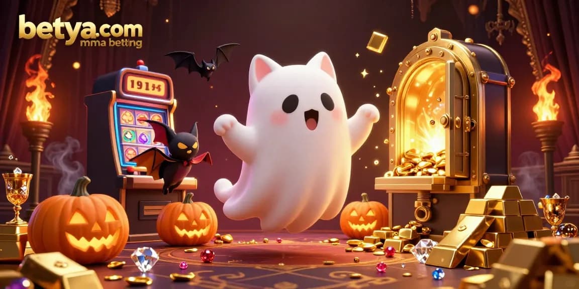 Join the action in betya.com mma betting with our vibrant 3D scene of a ghost cat and vampire bat amid treasures.