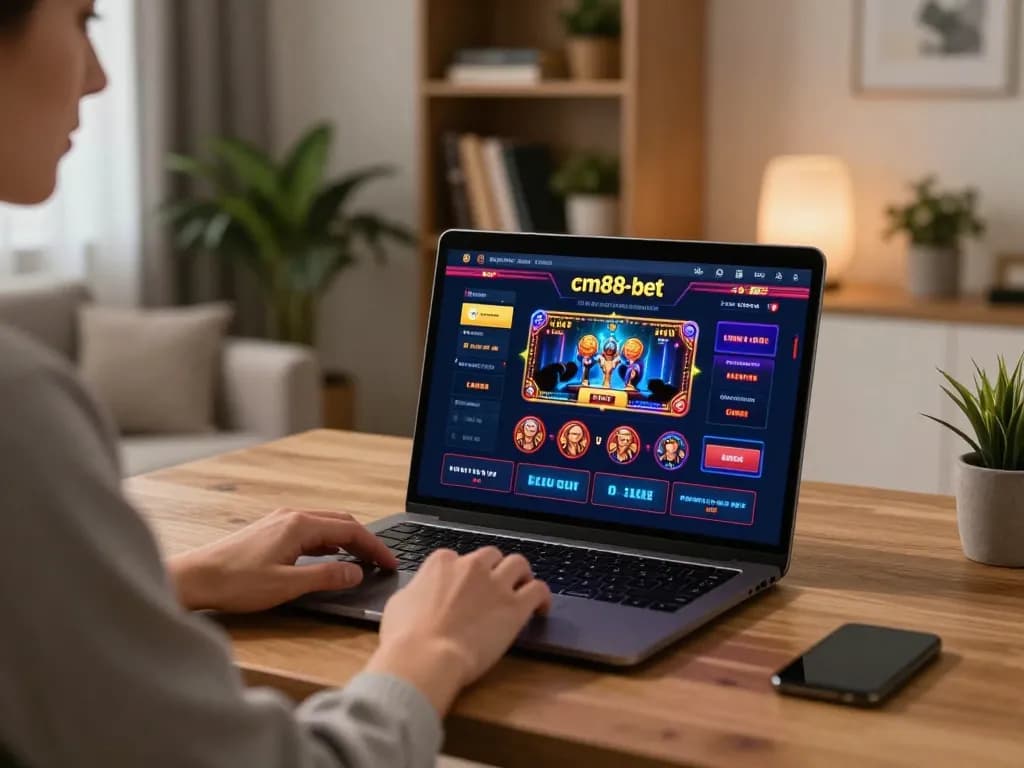 Engaging in online gaming on cm88-bet with a vibrant interface displayed on the laptop.