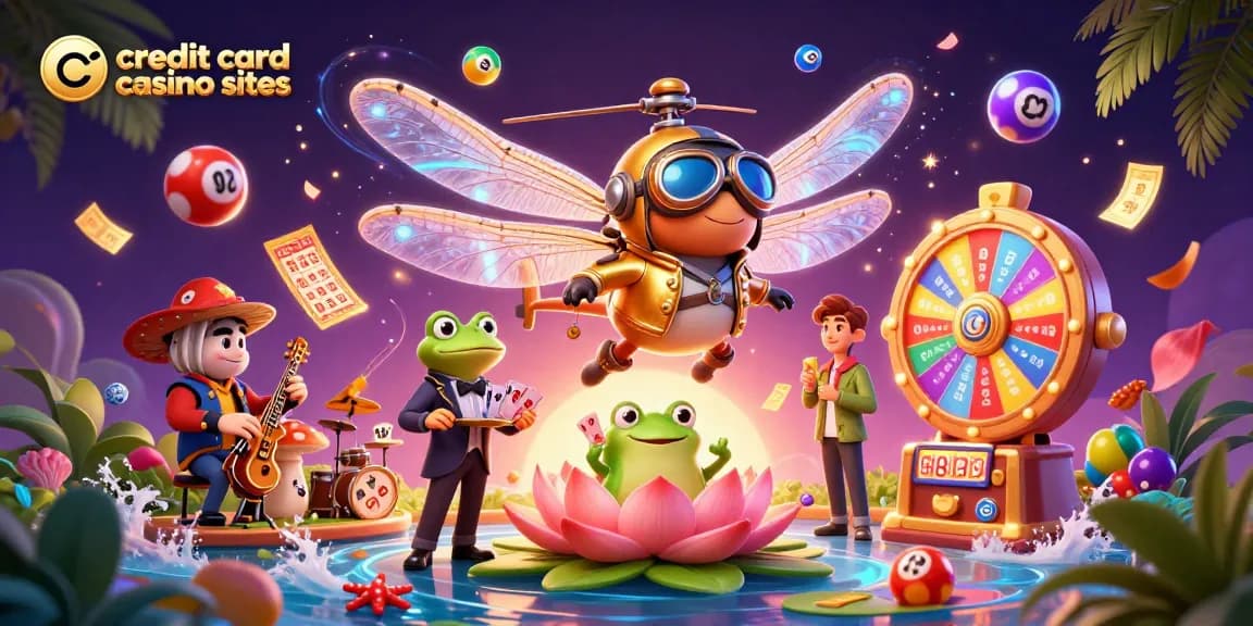 Experience fun at credit card casino sites with a vibrant illustration of a dragonfly pilot and frog croupier.
