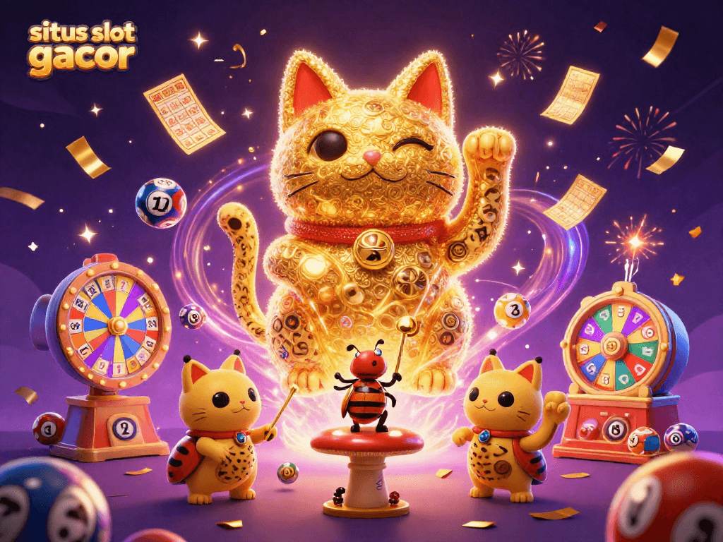 Experience situs slot gacor with vibrant casino elements like a lucky cat and dynamic lottery balls!