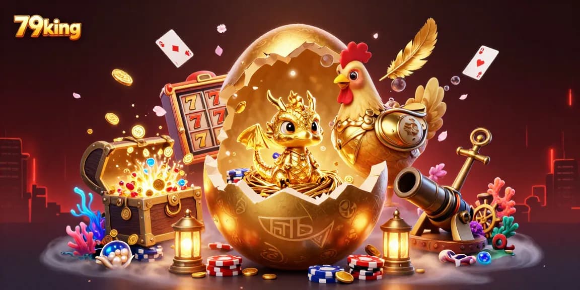 Engage in epic gameplay with 79king as a golden baby dragon emerges from a treasure-filled casino scene.