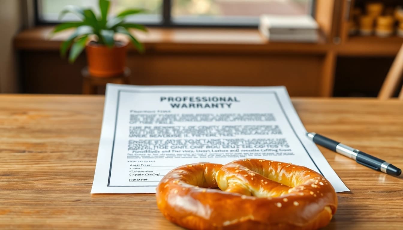 Assessing if Pretzel warranty legit by examining a warranty document alongside a delicious pretzel.