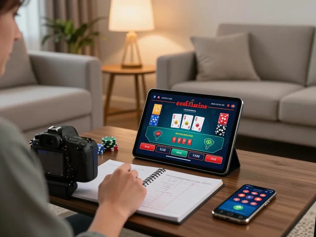 A person enjoys online gaming on a tablet while exploring Agen Casino Online strategies in a cozy living room.