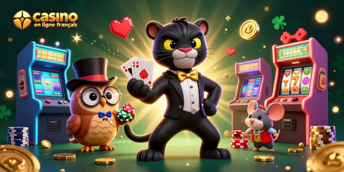 Illustration d'un casino en ligne français avec une panthère, un hibou et une souris jouant aux cartes parmi des jeux d'arcade colorés.