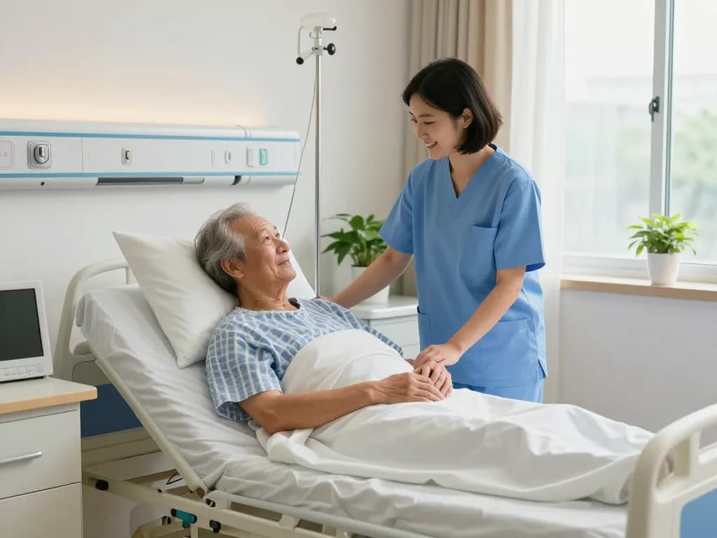 giường bệnh nhân supporting elderly patient with caregiver in a calming hospital room