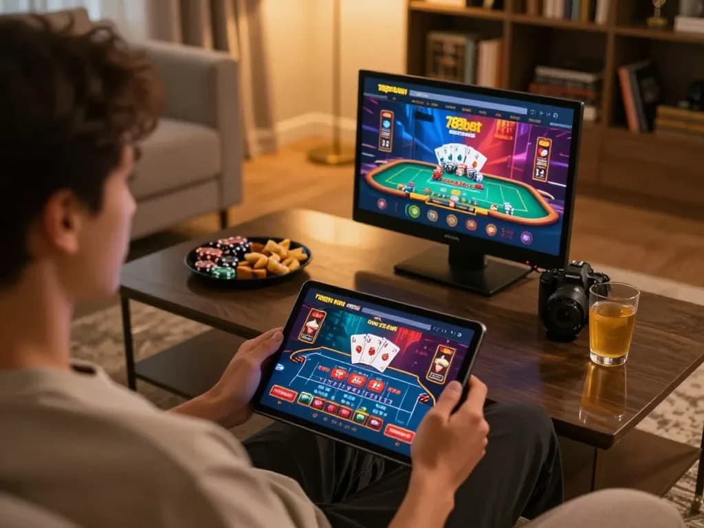 Engaging with the trang chủ 789bet interface on a tablet in a cozy home gaming setup, highlighting a strategic gambling experience.