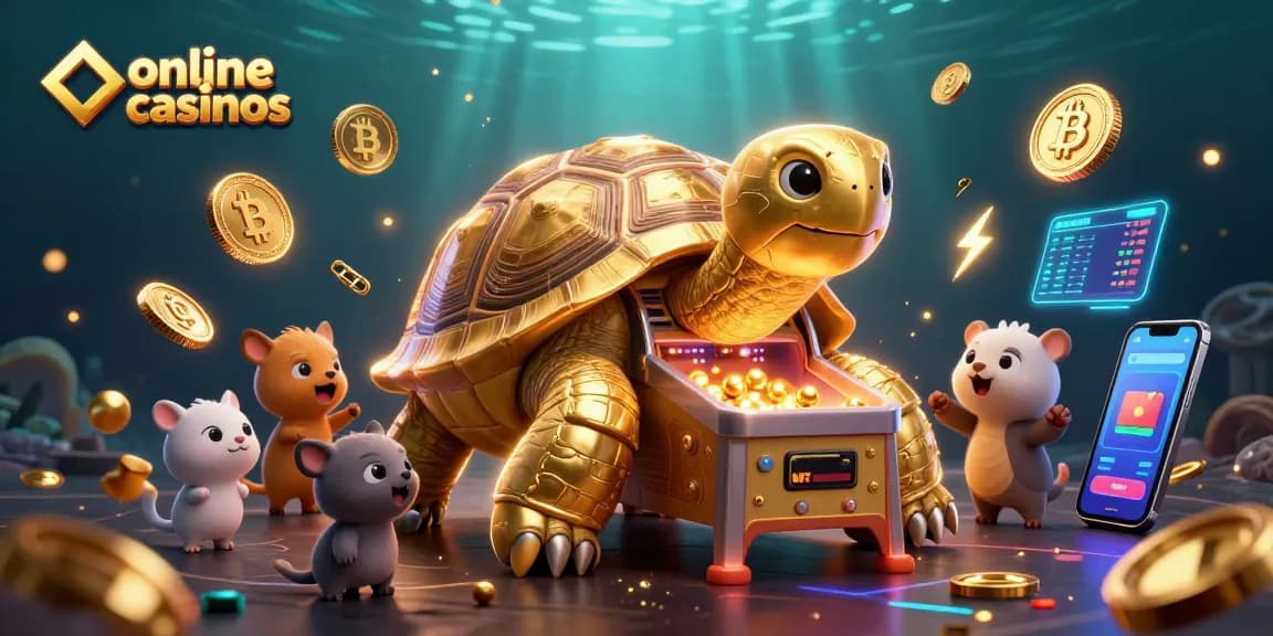 Engage with thrilling online casinos featuring a colossal tortoise pinball machine surrounded by excited players.