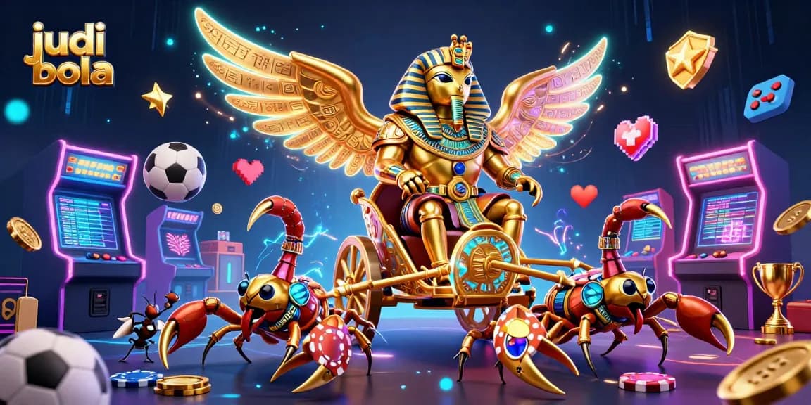 Experience thrilling judi bola action with a golden scarab and scorpions in a vibrant casino scene.