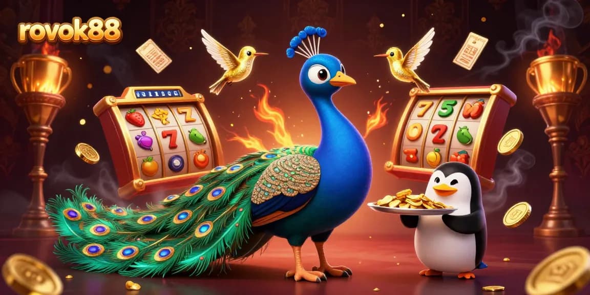 Engage with rokok88's vibrant casino features through a stunning 3D illustration of slot reels and gaming elements.