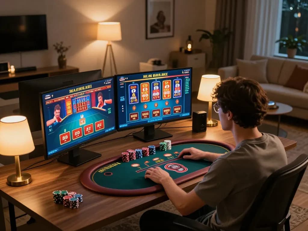 Engaging gaming session focused on casino online stranieri sicuri, highlighting a person using multiple screens for online gameplay.