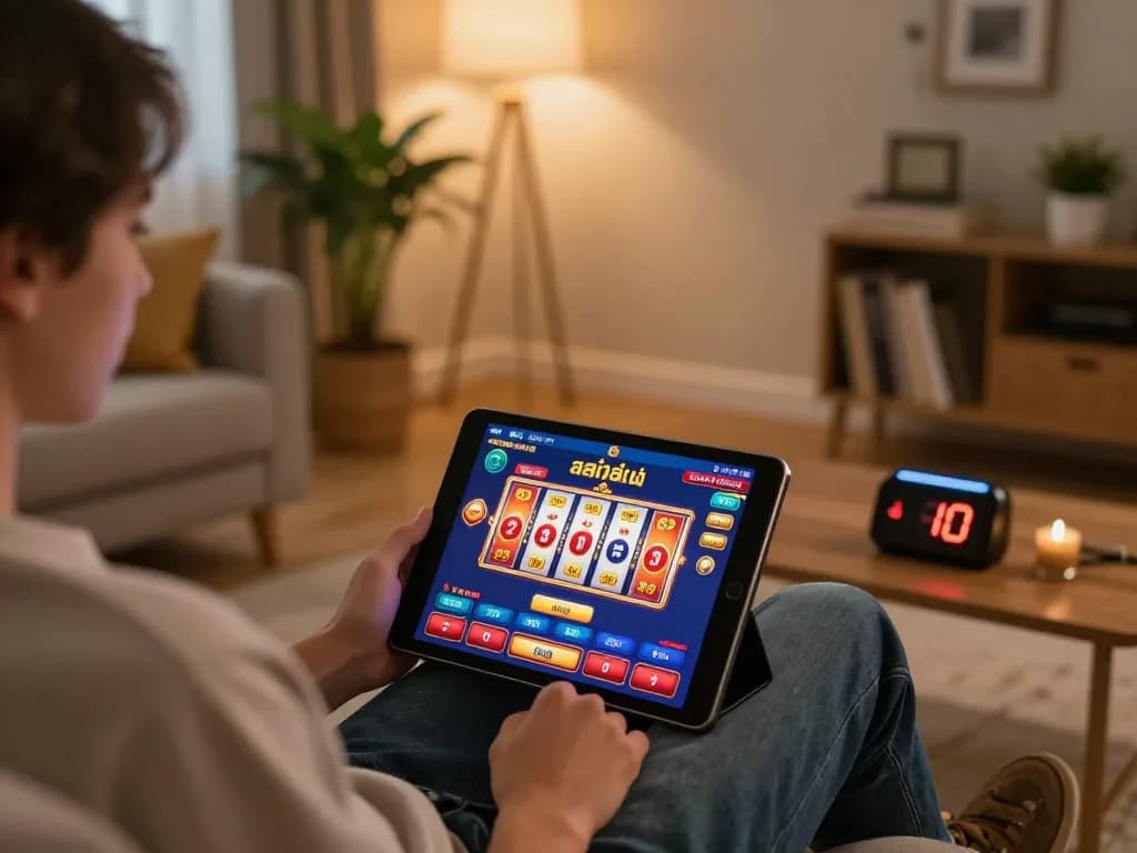 Engaging with สล็อตวอเลท game on a tablet in a cozy home setting, highlighting responsible gaming.