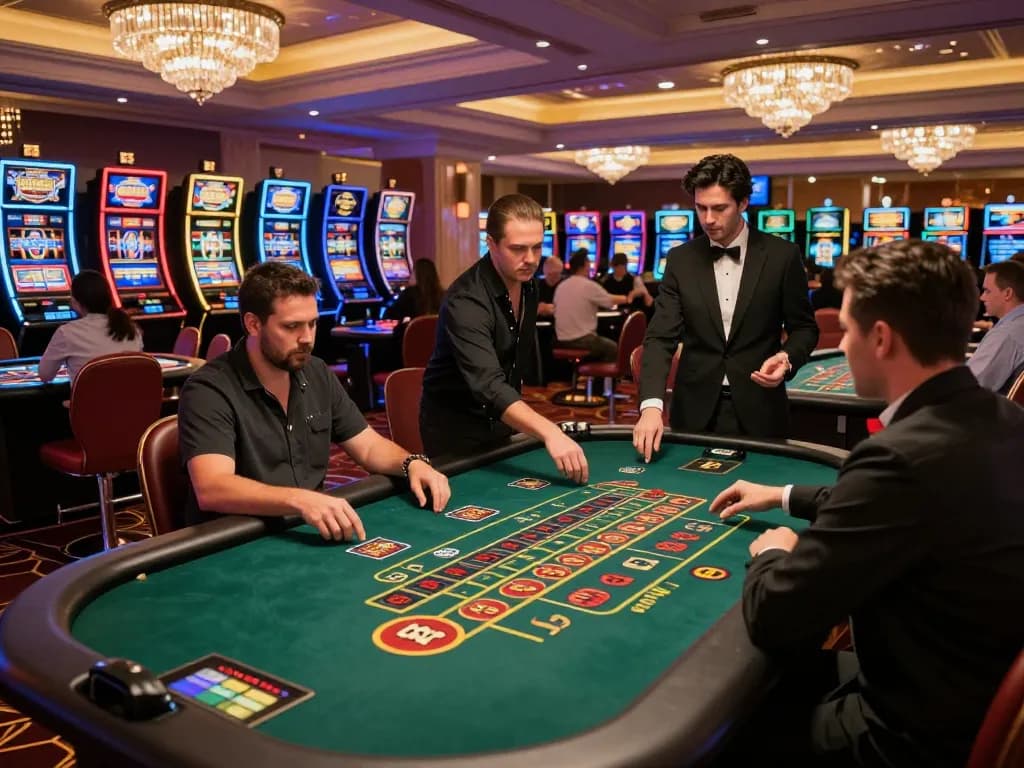 Players enjoying an exciting game at 99win's vibrant casino floor, showcasing thrilling gambling action.