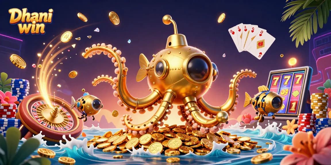 Engage in thrilling gameplay at Dhani win with vibrant slot machines, golden coins, and exciting casino elements.