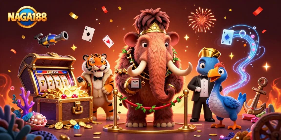 NAGA188 menghadirkan suasana menarik dengan bouncer mammoth, VIP saber-tooth, dan doorman dodo di kasino.