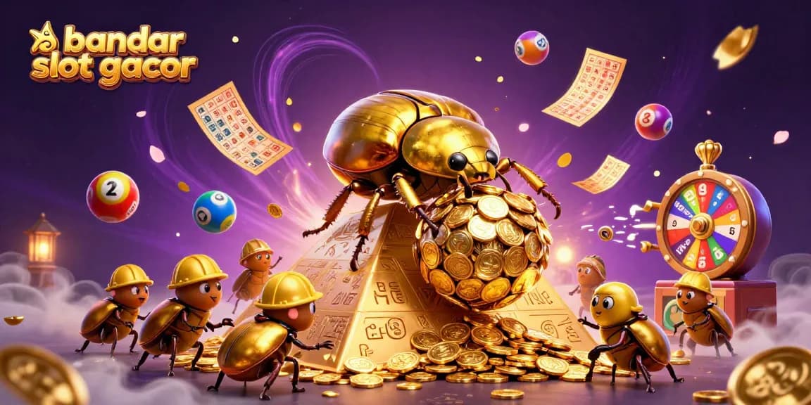 Menghasilkan pengalaman bandar slot gacor dengan ilustrasi 3D dari kumbang keemasan dan simbol kasino.