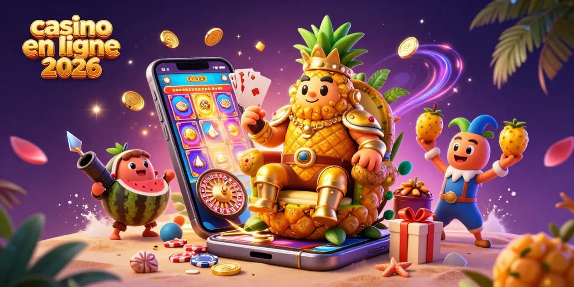 Illustration dynamique de casino en ligne 2026 avec le roi ananas et des éléments de jeu colorés.