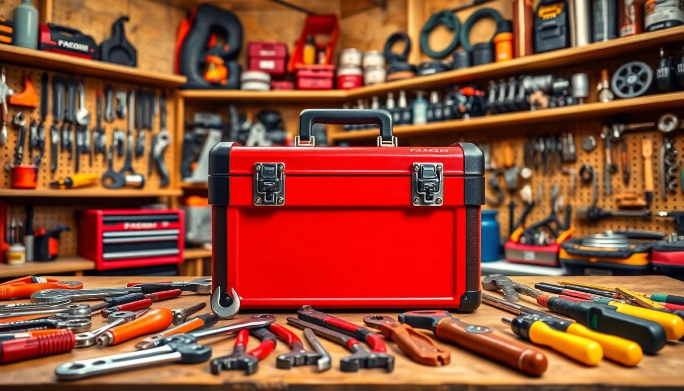 The Facom toolbox organized on a workbench surrounded by essential tools.