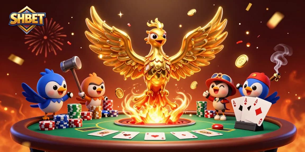 Experience the thrill of SHBET with a molten golden phoenix and poker gameplay elements