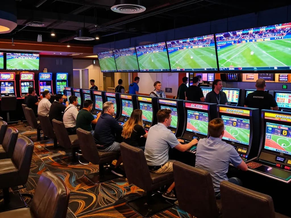 Excited bettors analyzing live sports at https://nddo.org in a modern casino sports betting area.