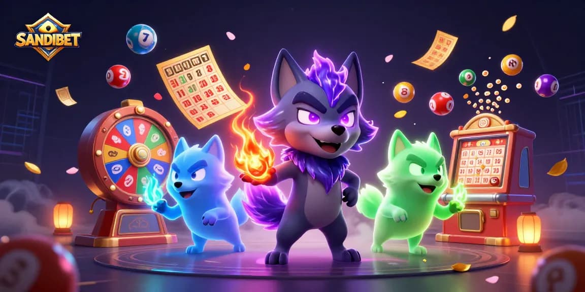 SANDIBET ignites excitement with a dynamic scene displaying winning elements of lottery and gaming action