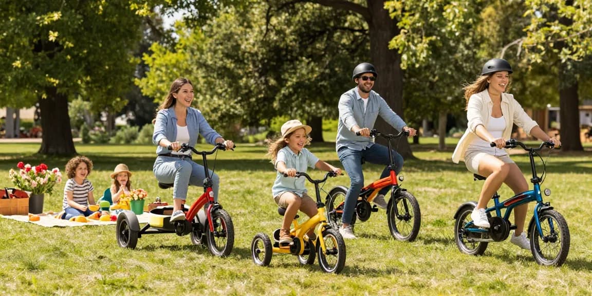 Family enjoying the best electric tricycles in the park, showcasing joy and outdoor fun.